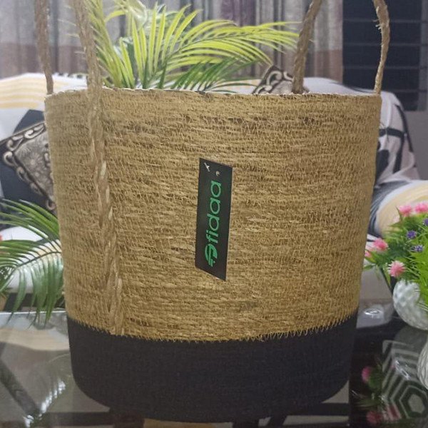 Handwoven Black Sea Grass and Jute Basket with Handles