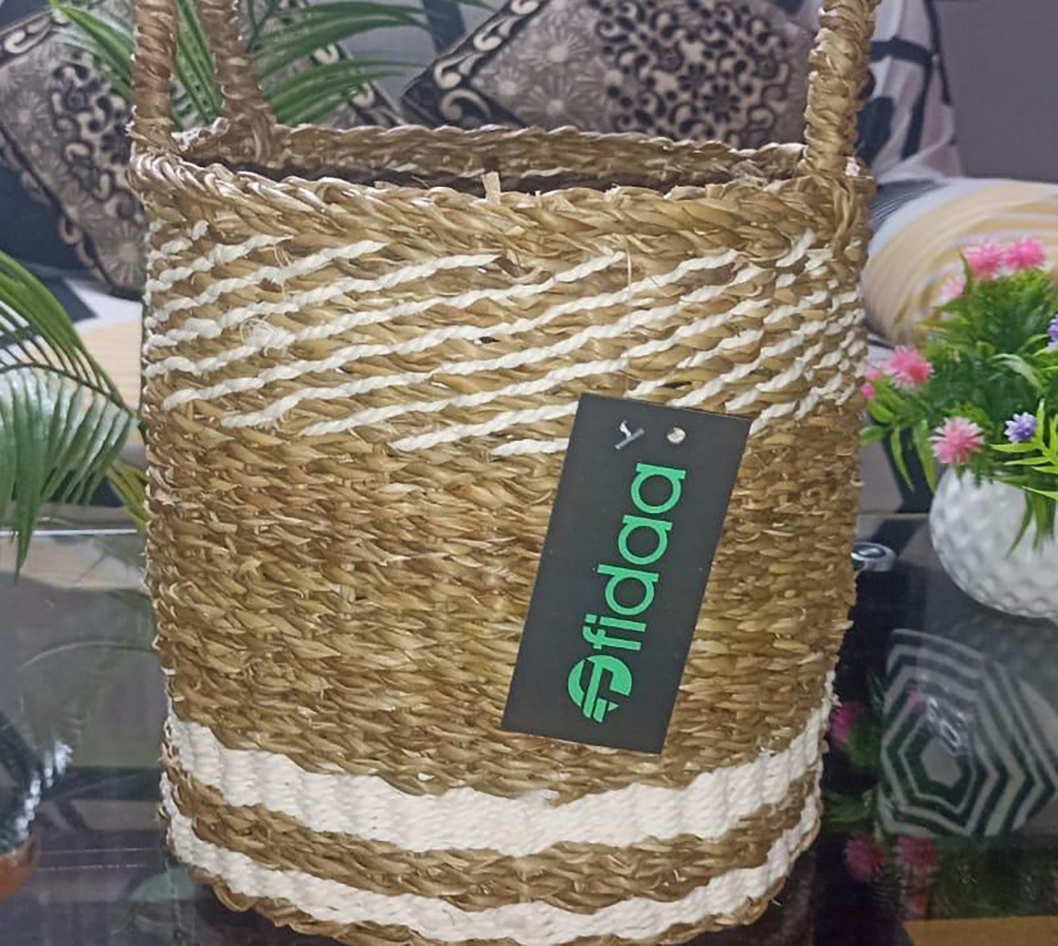 Woven Straw Basket with Handle Hanging or Stand Flower Pot Hanging Baskets Dual Color Small