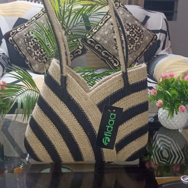 Eco-Friendly Cotton Jute Bag - Black & Cream Stripes